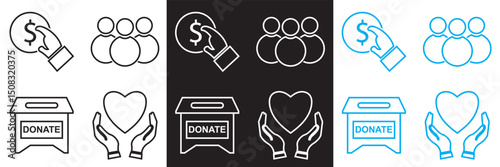 Charity and Donation icons. Help, caring, solidarity, alms, donate, volunteer, care, charity icon. Vector illustration. isolated on white and black background. EPS 10