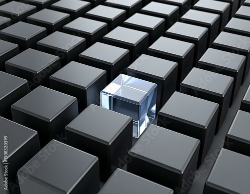 Unique Glass Cube Among Black Cubes Design, Contrast, Difference