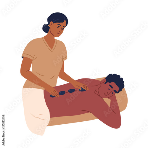 Professional asian therapist performing hot stone massage therapy on male client. Natural wellness, alternative treatment. Hand drawn vector illustration.