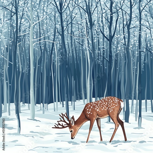 A winter scene in a snowy forest with a deer.