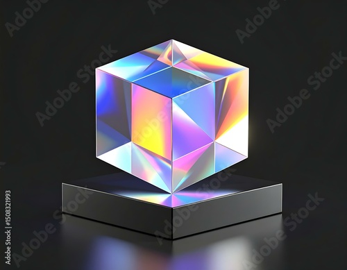 Holographic Cube Prism Display, Iridescent Glass, Geometric Art