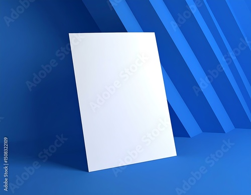 Blank White Paper Mockup, Blue Geometric Background, Design Template