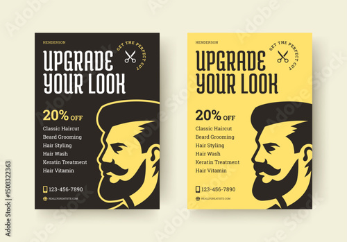 Vintage style barber flyer featuring bold typography, male portrait, service list, contact details, and discount offer in retro layout. Perfect for barbershop promotion. Vector illustration