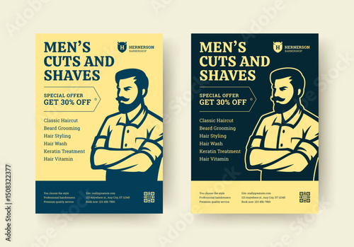 Barbershop flyer design with classic man portrait, list of grooming services, promotional discount banner, and bold typography in vintage style. Vector illustration