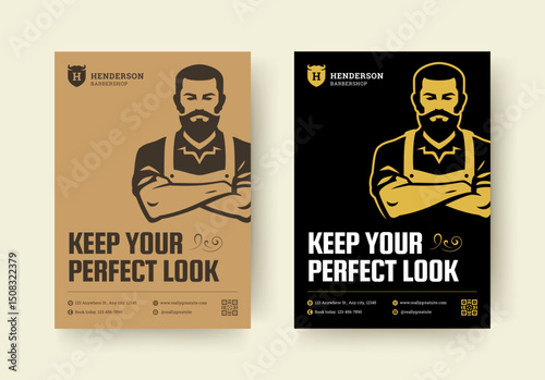 Barbershop flyer with confident male figure, bold retro typography, classic layout, contact information, and elegant decorative elements in vintage colors. Vector illustration