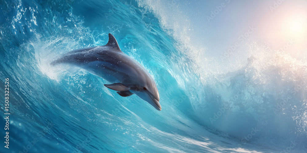 Naklejka premium Dolphin gliding through a wave under sunlight. A joyful symbol for World Whale and Dolphin Day, July 23.