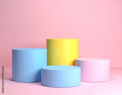 Pastel Cylinders Pink Background Product Display Stand Mockup
