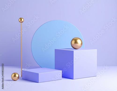 Abstract Purple Background with Gold Spheres and Geometric Shapes