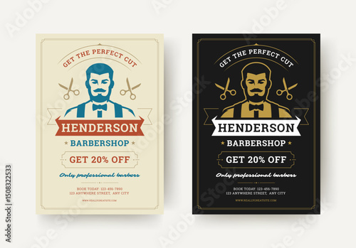 Barbershop flyer layout featuring a traditional barber character, decorative frame, scissors graphics and discount label in a clean retro design. Vector illustration