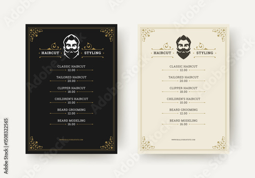 Elegant vintage barbershop price list flyer with detailed hair and beard service pricing, classic bearded icon, and ornamental layout elements. Vector illustration