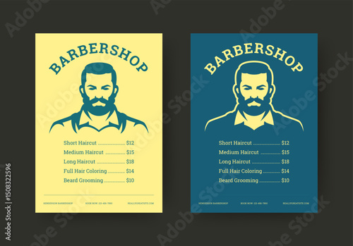 Vintage inspired barbershop flyer with bold male portrait, clean layout, price list for haircut and grooming services, and classic typography elements. Vector illustration