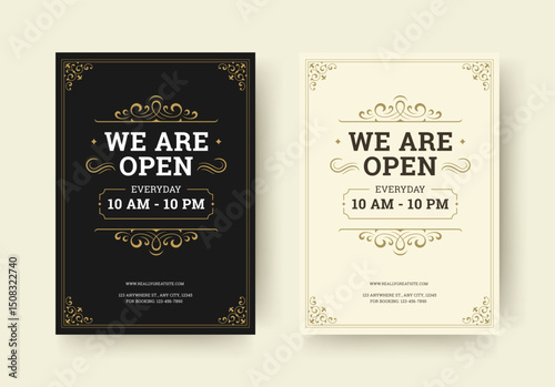 Elegant barbershop announcement flyer with decorative frame, bold typography, and vintage styling to inform about working hours. Perfect for promotion and branding. Vector illustration