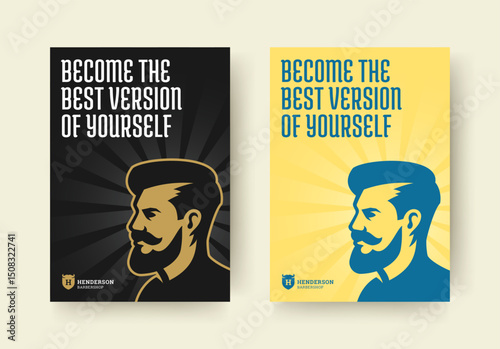 Barbershop promotional flyer featuring a bold male profile silhouette, sunburst background, and motivational typography. Perfect for branding and advertising. Vector illustration