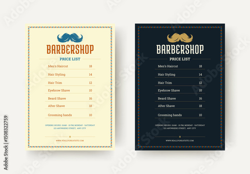 Stylish barbershop flyer design featuring colorful border accents, vintage mustache emblem, structured pricing table, and bold typography. Suitable for grooming services. Vector illustration