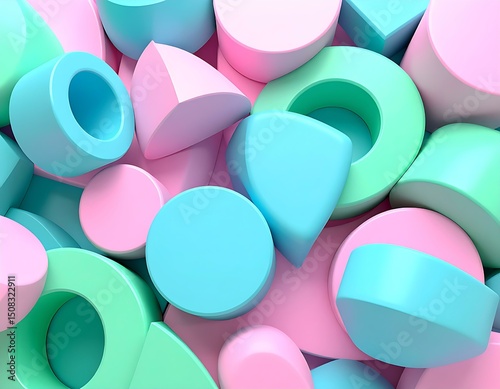 Abstract Pastel Shapes Pink, Blue, and Green 3D Cylinders