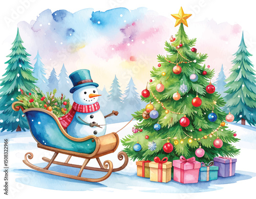Watercolor Christmas scene with snowman, sleigh, decorated tree, and holiday presents for festive winter celebration, watercolor illustration