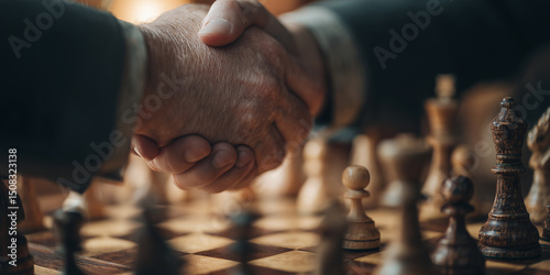 Close-up handshake over chessboard symbolizes mutual respect and sportsmanship. Ideal image for International Chess Day — July 20.