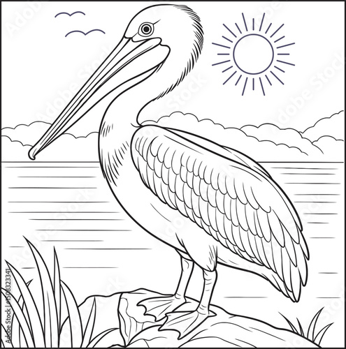 A detailed line drawing of a pelican standing on a rock near water with clouds in the background