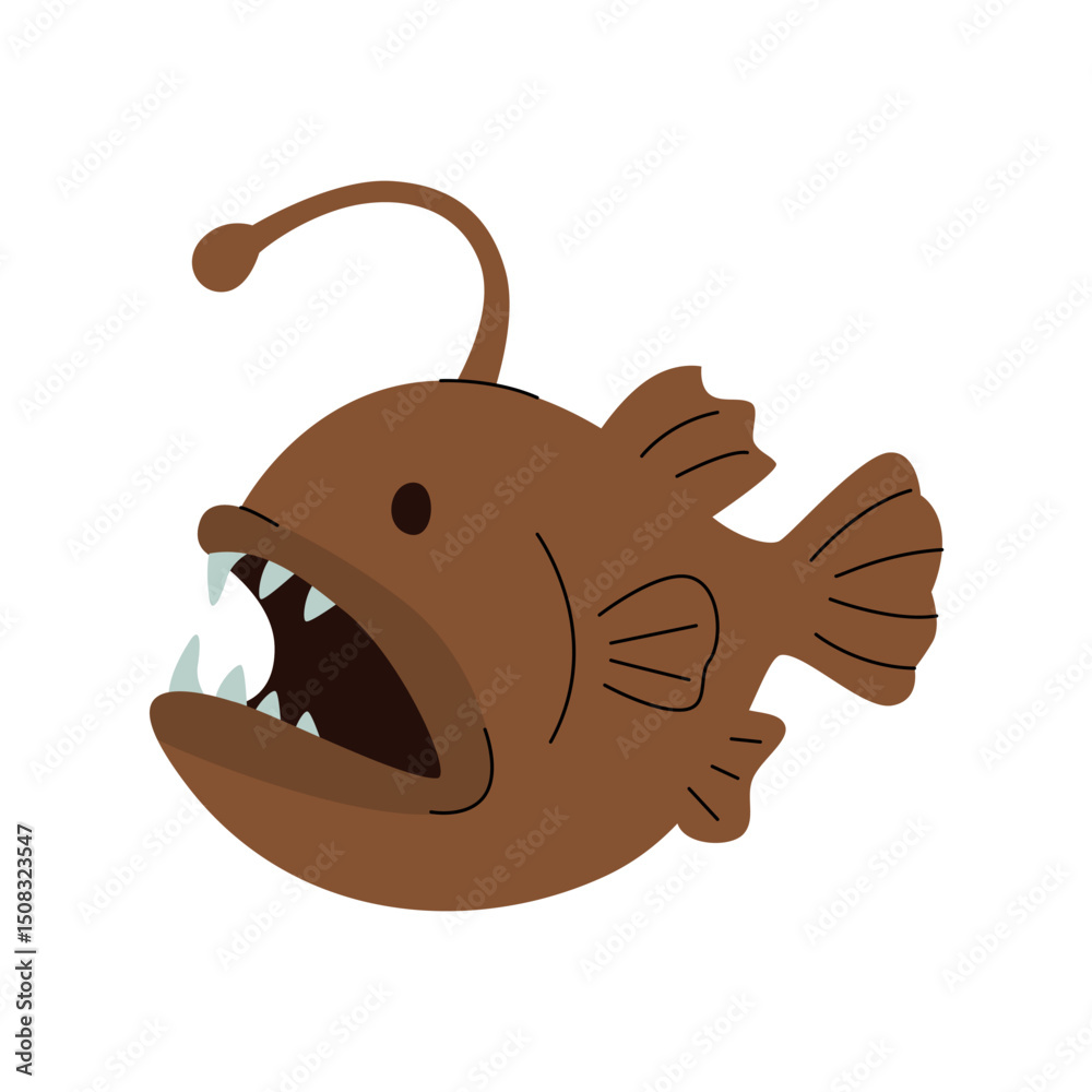 Obraz premium Flat illustration of a brown anglerfish with sharp teeth and a glowing lure. Deep sea creature design, ideal for marine biology themes, underwater exploration, and educational graphics. Vector