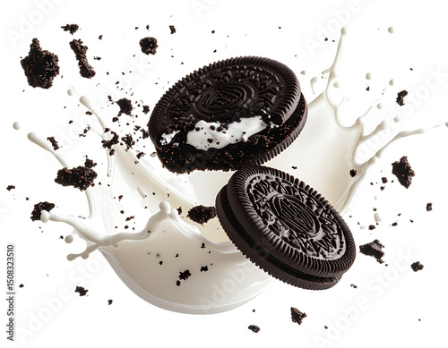 3D Render of Flying Oreo Cookies with Crumbs and Milk Splash, Isolated on a Transparent Background