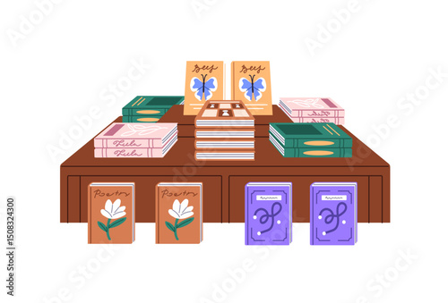 Different heaps of paper books on shelf in bookstore or library. Various piles of textbooks, fiction literature for reading on bookcase, bookshelf in shop. Flat isolated vector illustration on white