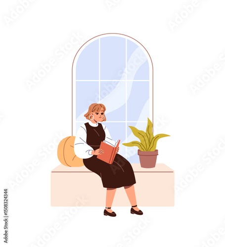 Happy woman sits on window sill and reads paper book. Student relaxing on windowsill is learning textbook, literature. Girl holds novel, story. Flat isolated vector illustration on white background