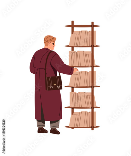 Woman in raincoat with shoulder bag takes book from bookshelf back view. Reader chooses textbooks, fiction literature for reading on shelves of bookcase. Flat isolated vector illustration on white