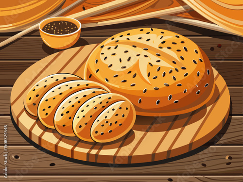 vector of Long and round Berber bread with sesame and black seeds is placed on a wooden table. Simple background
