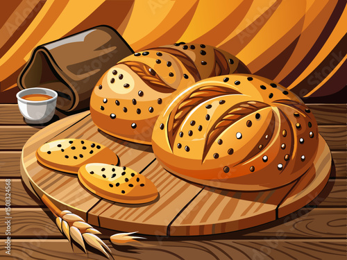 vector of Long and round Berber bread with sesame and black seeds is placed on a wooden table. Simple background