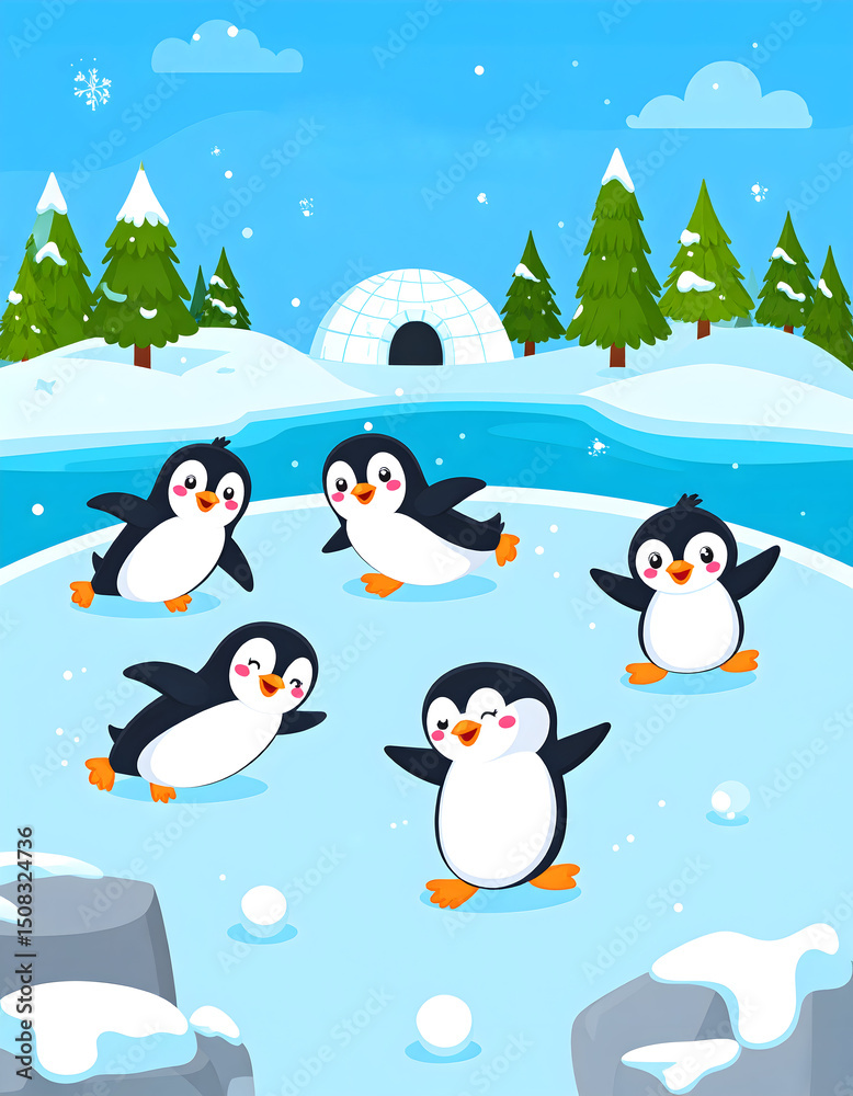 Naklejka premium Five cheerful penguins celebrating New Year on an icy landscape with an igloo and snow-covered trees in the background