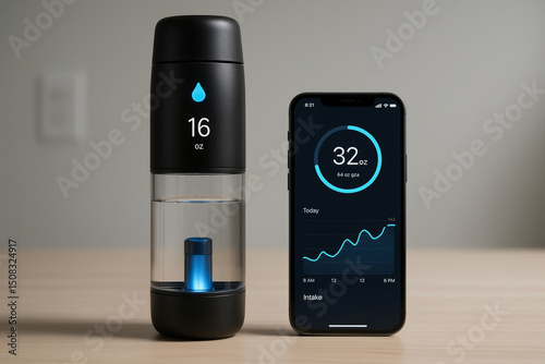Smart water bottle with digital hydration tracking and mobile app showing daily water intake progress and consumption graph on wooden table