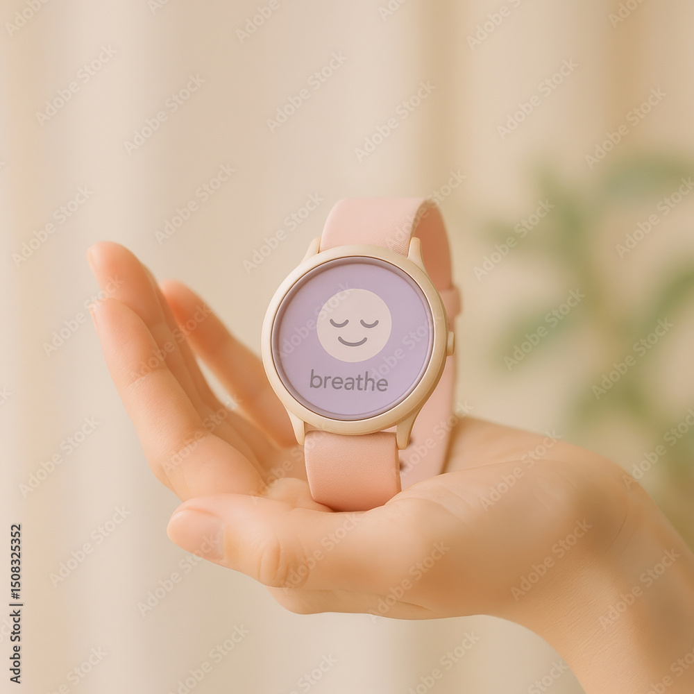 Fototapeta premium Close up of hand holding smartwatch with pink strap displaying calming breathe reminder on screen, promoting emotional well being and mindfulness