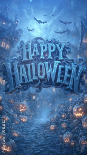 Spooky Halloween Night Scene with Glowing Pumpkins, Haunted House, and bats – Happy Halloween Greeting. Phone Wallpaper

