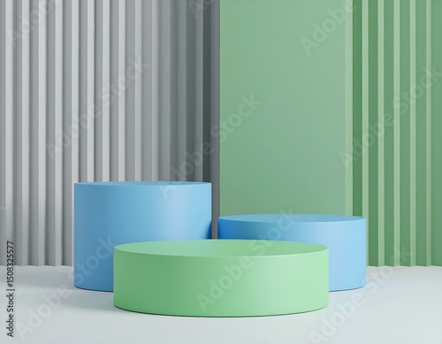 Pastel Cylinders Display, Minimalist Product Stage, Green, Blue Background
