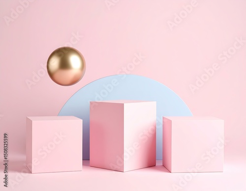 Pink Pastel Cubes, Golden Sphere, Abstract Geometric Display