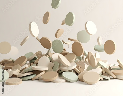 Abstract 3D Render Falling Pastel Discs, Minimalist Shapes, Beige, White, Green