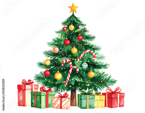 Watercolor Christmas tree with colorful ornaments and wrapped gifts for festive holiday decoration, watercolor illustration