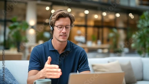 Virtual Sales Call in Modern Office with Laptop and Client