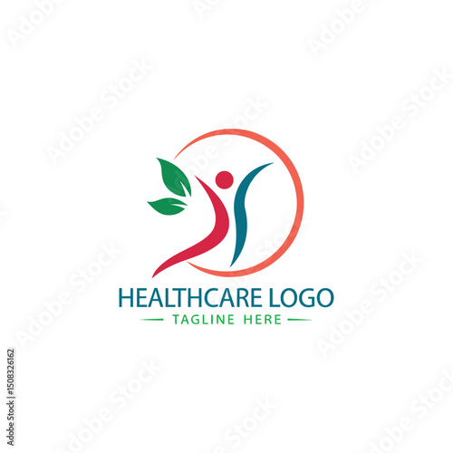 Green wellness and healthcare logo design-abstract human figures with green leaves and healthy lifestyle
