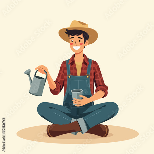 Relaxed Farmer with Watering Can and Straw Hat – Agriculture Character Design