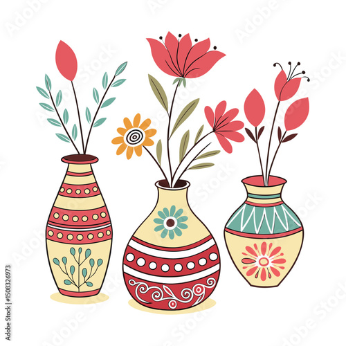 A set of color Clay Flower  Vases white clean background 