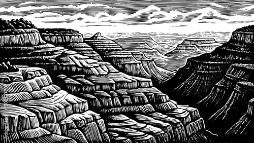 Grand Canyon illustration black and white isolated hand drawn sketch