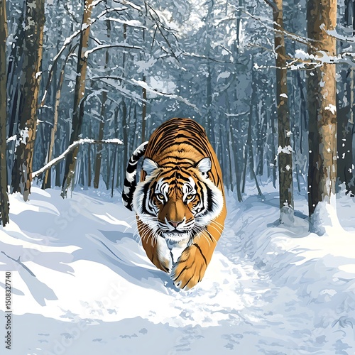 Tiger striding through a snowy forest.