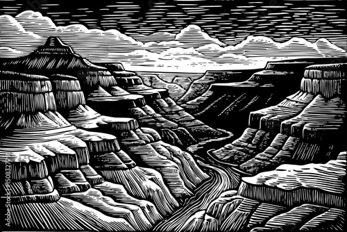 Grand Canyon illustration black and white isolated hand drawn sketch
