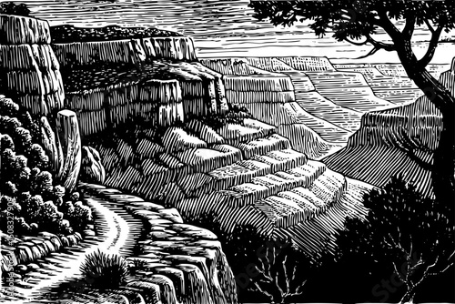 Grand Canyon illustration black and white isolated hand drawn sketch