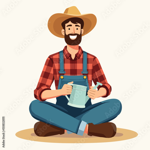 Cartoon Farmer Sitting Relaxed with Straw Hat and Mug – Farm Character
