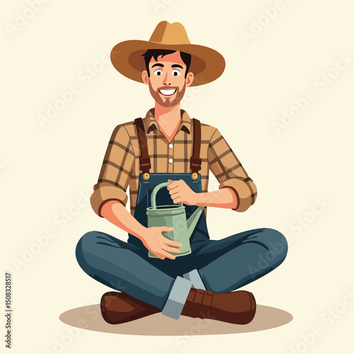Male Farmer Sitting Cross-Legged Holding Mug – Rural Life Cartoon Illustration