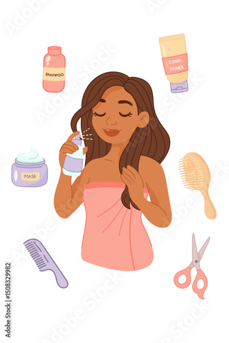 Black woman spraying hair mist with haircare items