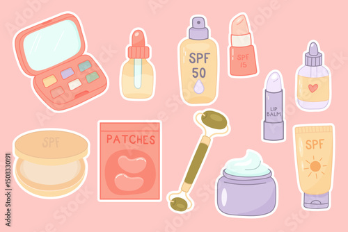 Skincare and makeup product icons on pink background