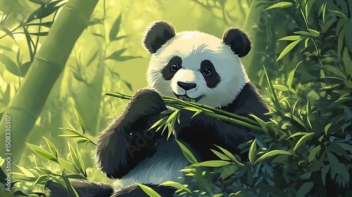 Panda enjoying bamboo in a lush bamboo forest.